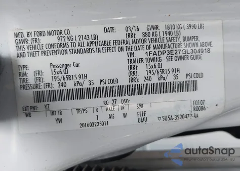 2016 Ford Focus S из США, поврежденный, VIN 1FADP3E27GL304918